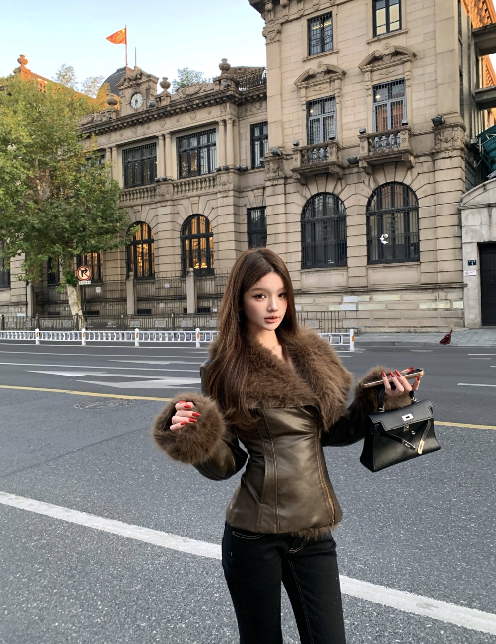Fur collar temperament tops slim leather coat for women