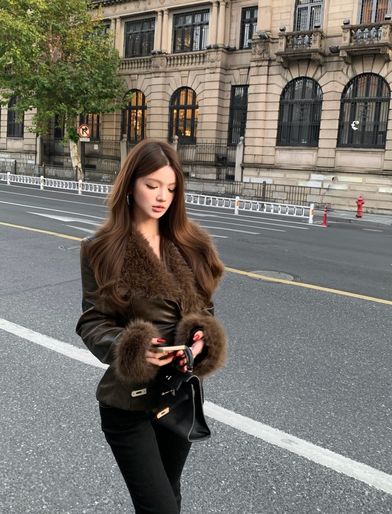 Fur collar temperament tops slim leather coat for women