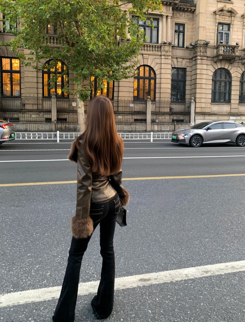 Fur collar temperament tops slim leather coat for women