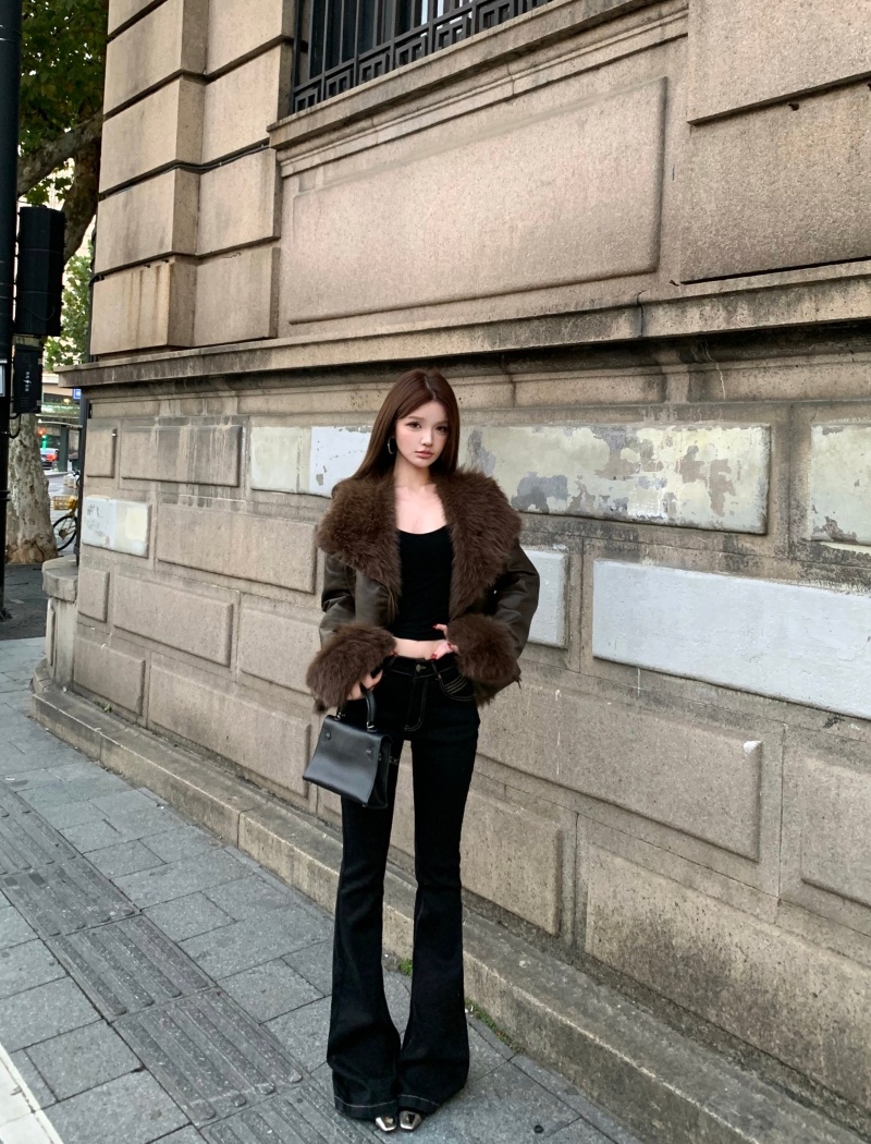 Fur collar temperament tops slim leather coat for women