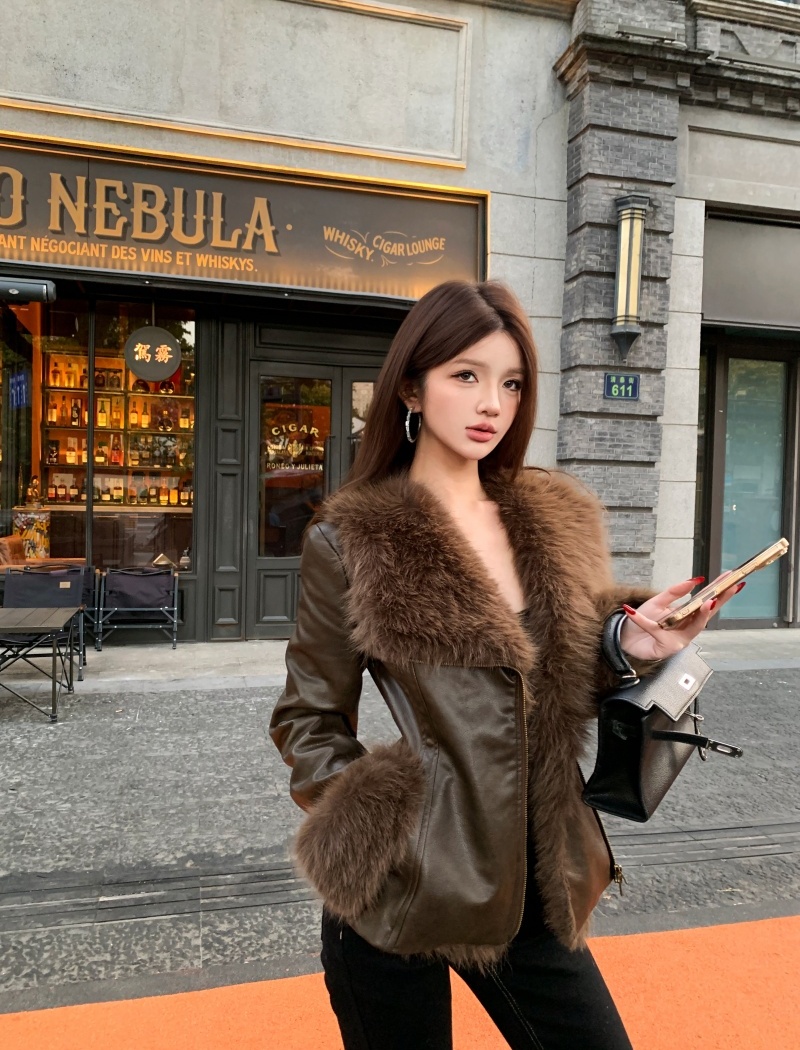 Fur collar temperament tops slim leather coat for women