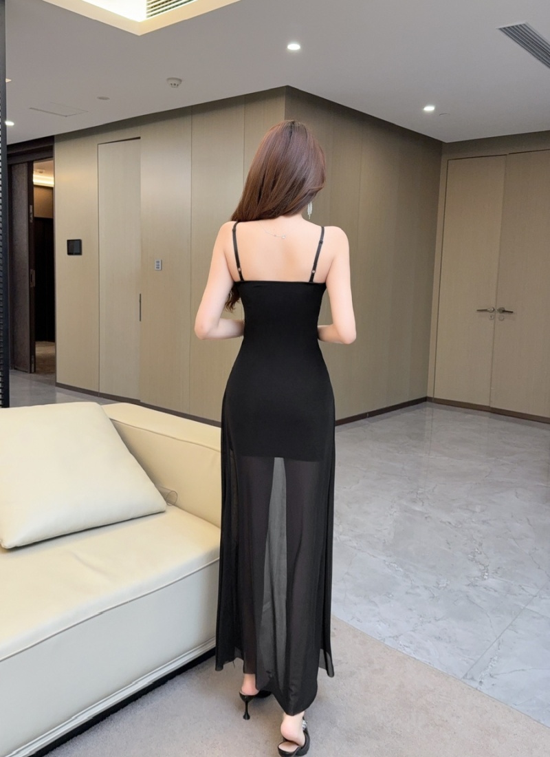 Sling mixed colors irregular splice low-cut long bottoming dress
