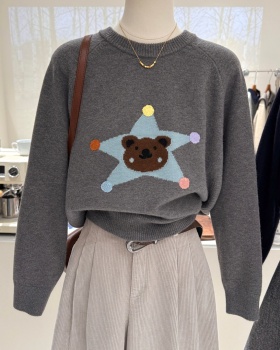Round neck loose knitted star cartoon sweater for women