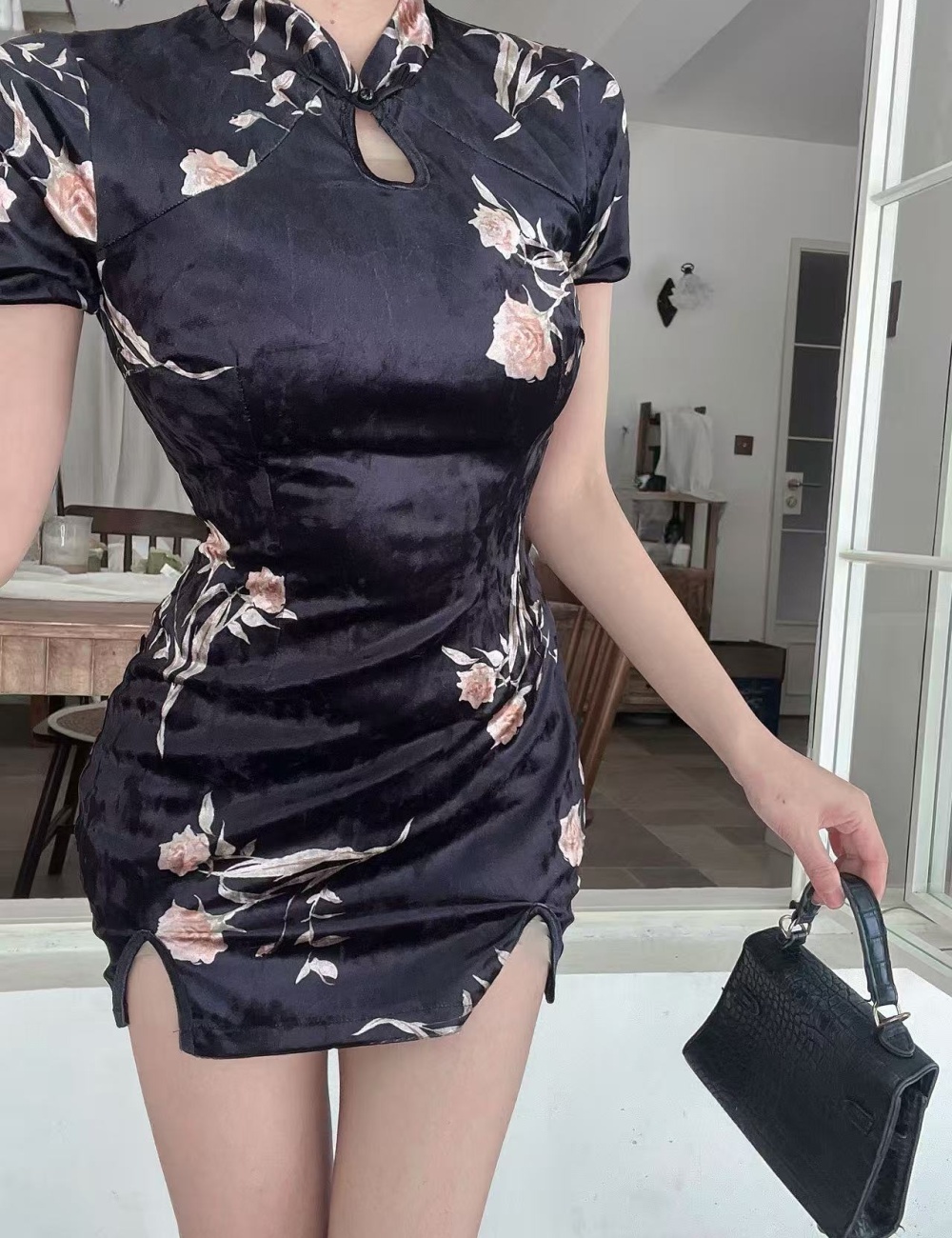 Short halter dress printing golden velvet cheongsam