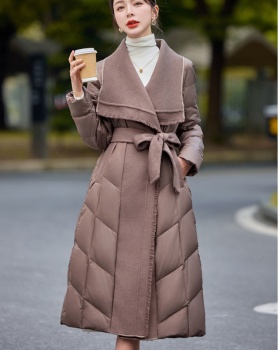 Temperament duck down cashmere splice simple tassels down coat