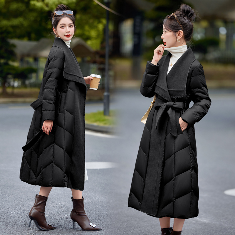 Temperament duck down cashmere splice simple tassels down coat