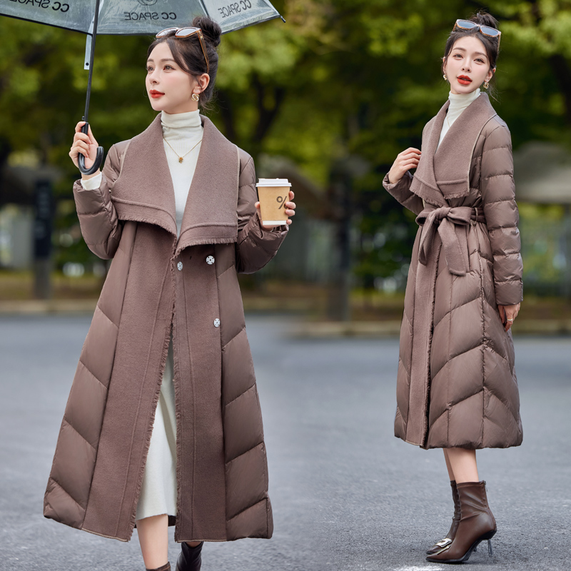 Temperament duck down cashmere splice simple tassels down coat