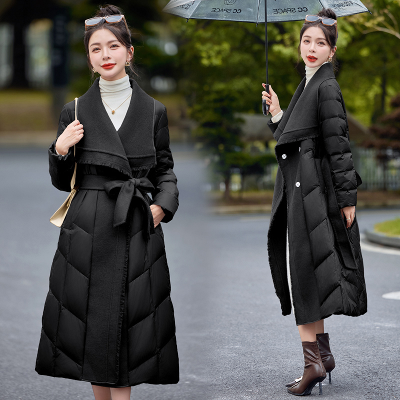 Temperament duck down cashmere splice simple tassels down coat