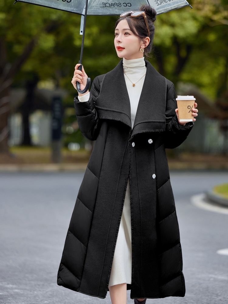 Temperament duck down cashmere splice simple tassels down coat