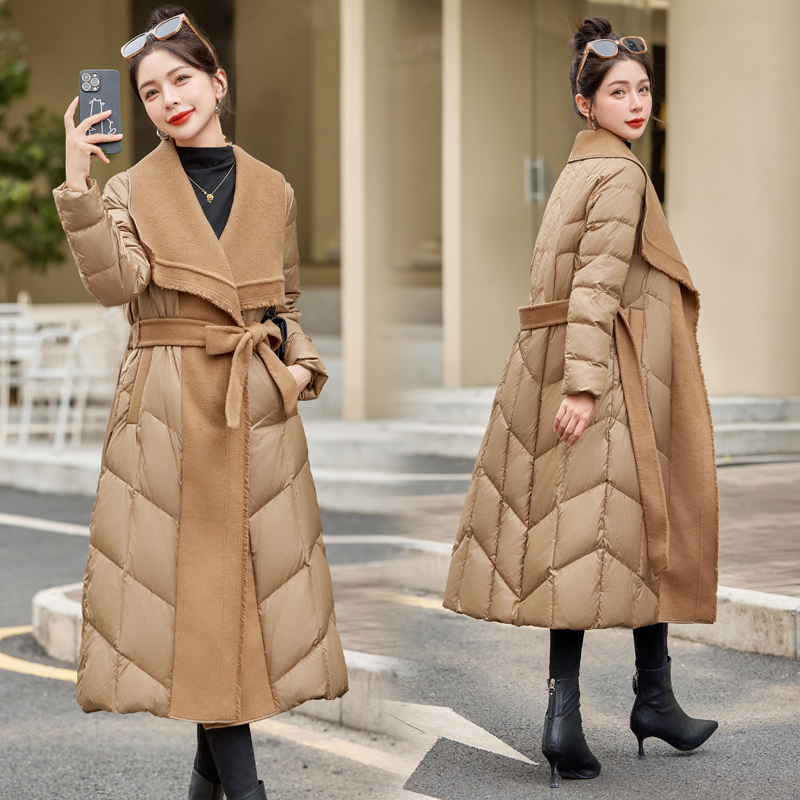 Temperament duck down cashmere splice simple tassels down coat