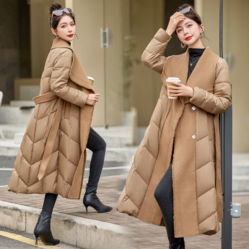 Temperament duck down cashmere splice simple tassels down coat