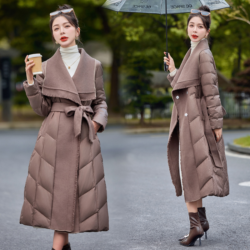 Temperament duck down cashmere splice simple tassels down coat