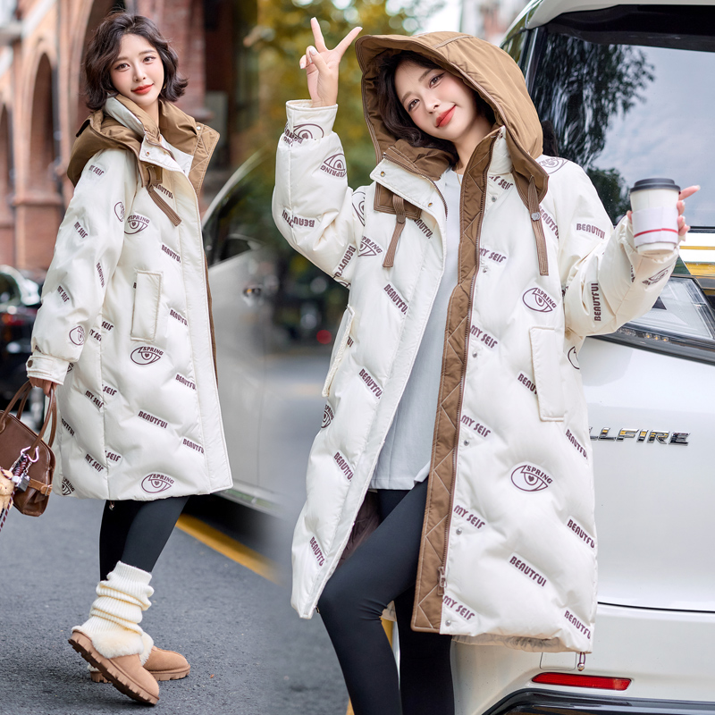 Long winter printing down coat hooded thick coat