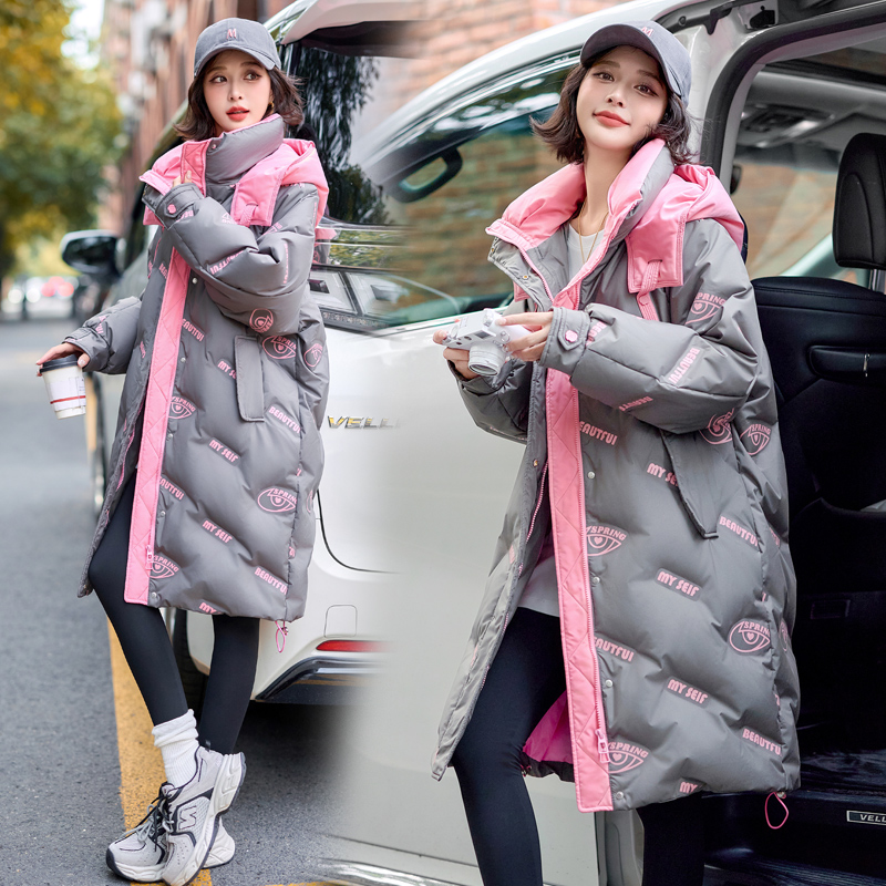 Long winter printing down coat hooded thick coat