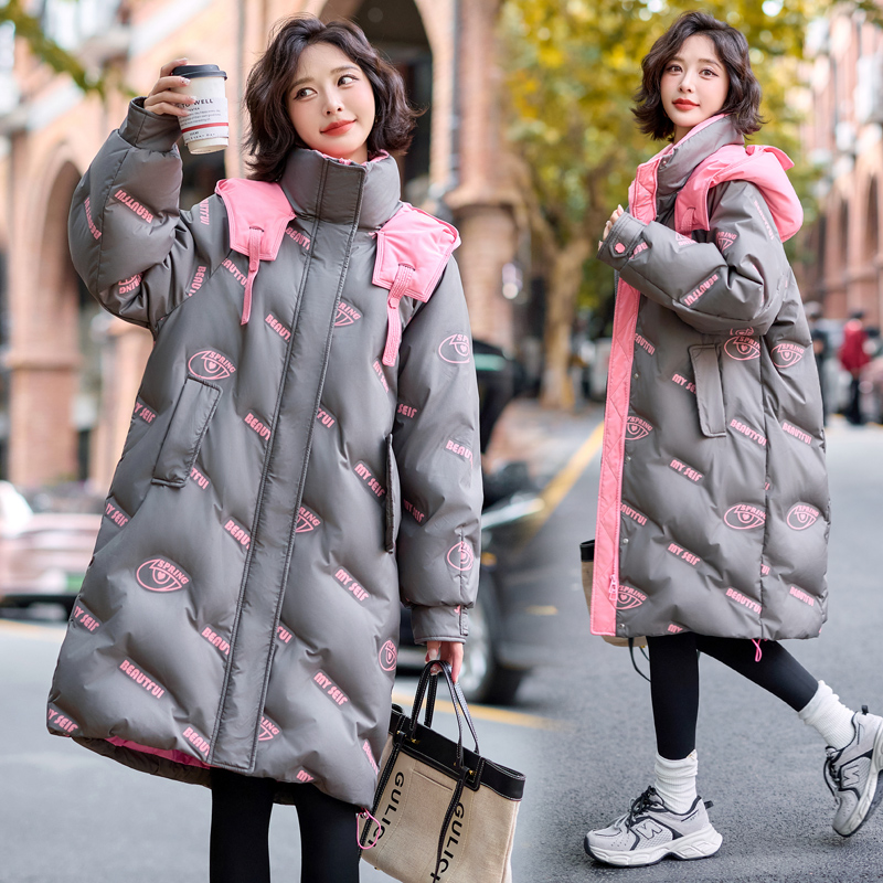Long winter printing down coat hooded thick coat