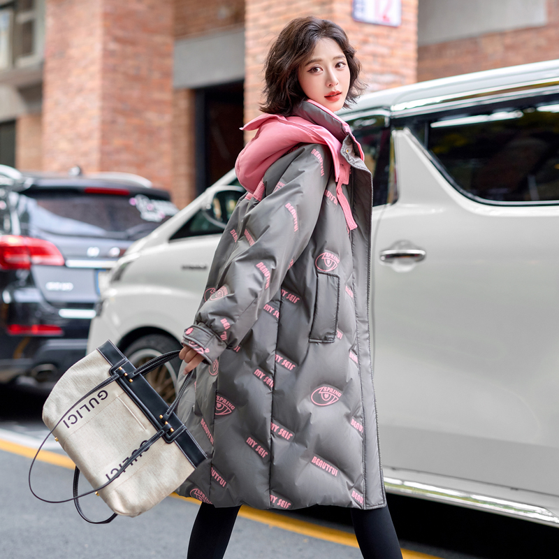 Long winter printing down coat hooded thick coat