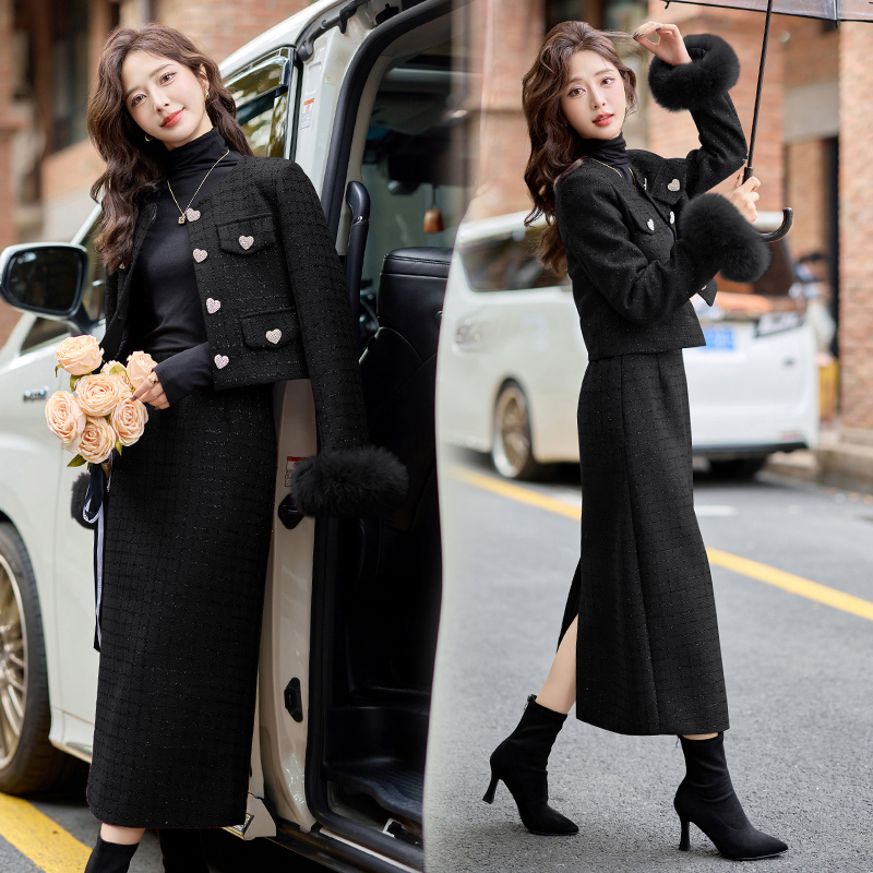 Thick plus velvet winter fox fur woolen down skirt 2pcs set