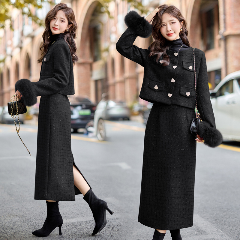 Thick plus velvet winter fox fur woolen down skirt 2pcs set