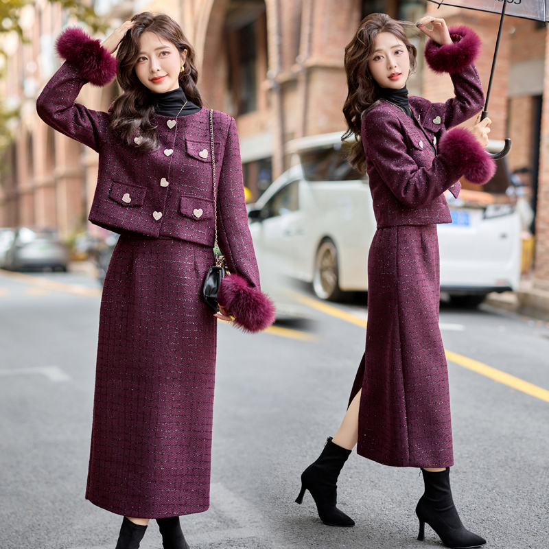 Thick plus velvet winter fox fur woolen down skirt 2pcs set