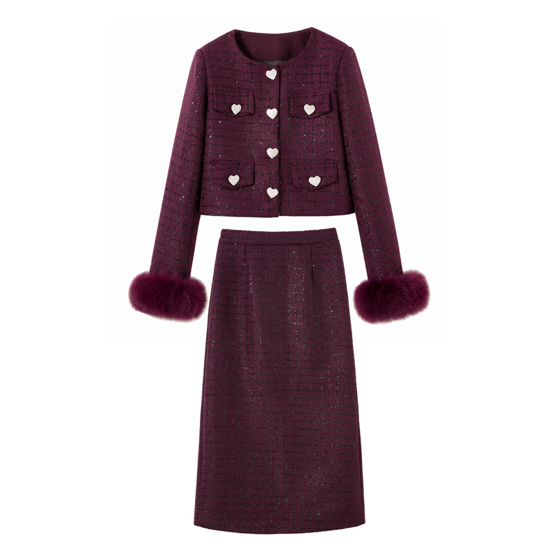 Thick plus velvet winter fox fur woolen down skirt 2pcs set