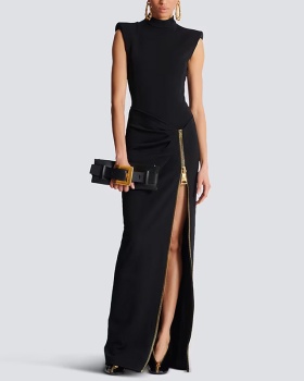 Sleeveless elasticity long dress zip long dress