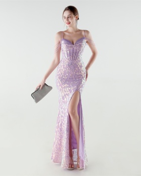 Sequins pinched waist set beads evening dress
