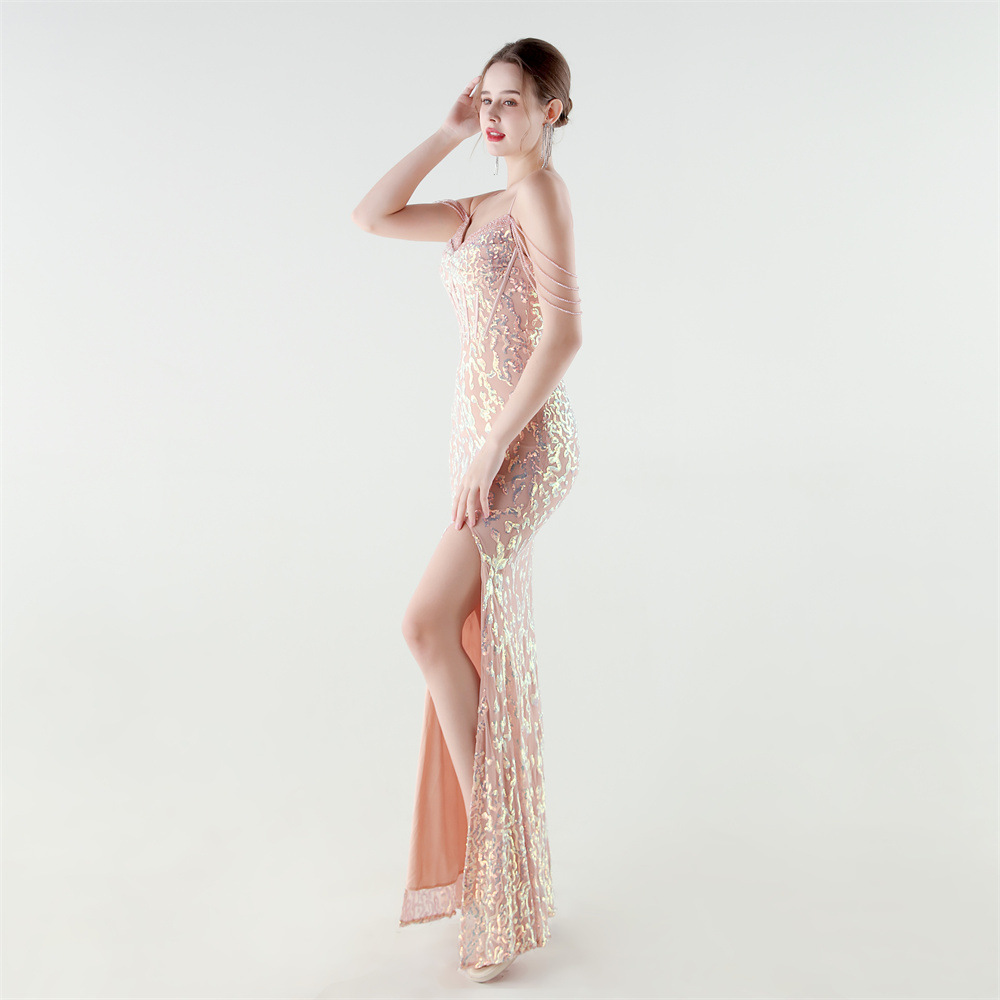 Sequins pinched waist set beads evening dress