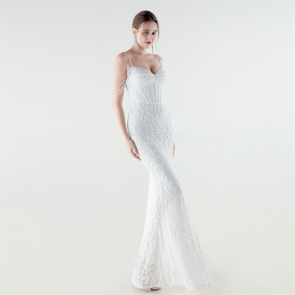 Sequins pinched waist set beads evening dress