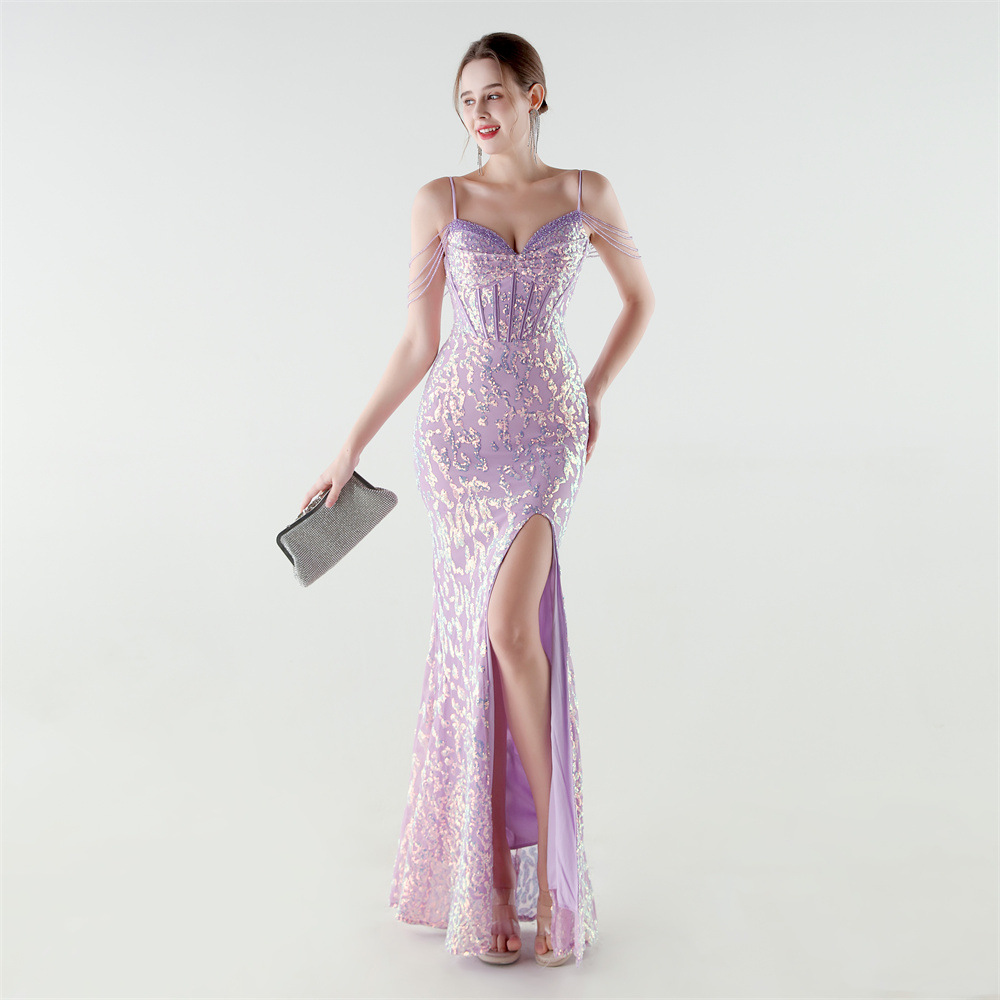 Sequins pinched waist set beads evening dress