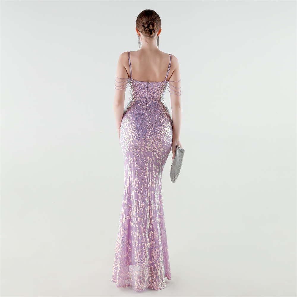 Sequins pinched waist set beads evening dress