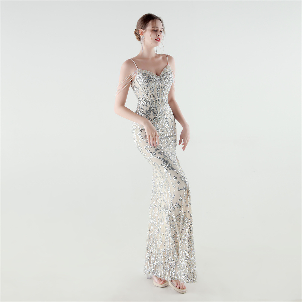 Sequins pinched waist set beads evening dress