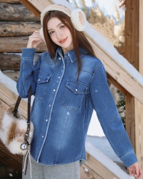 Soft all-match denim Korean style plus velvet fashion coat