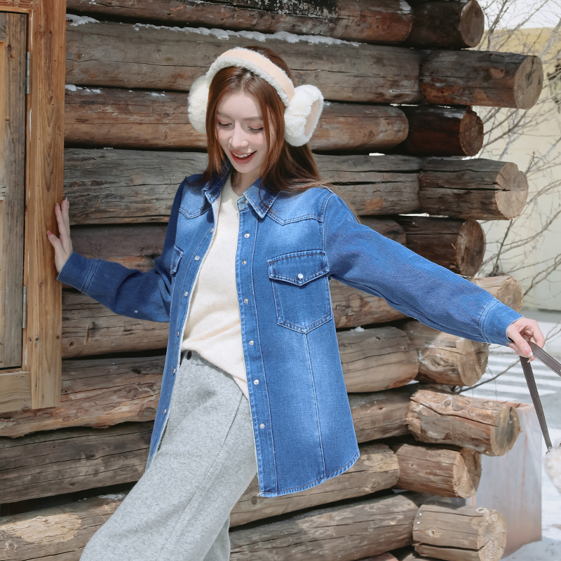 Soft all-match denim Korean style plus velvet fashion coat