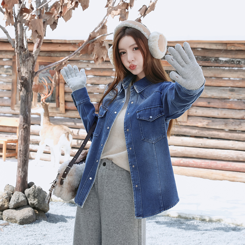Soft all-match denim Korean style plus velvet fashion coat