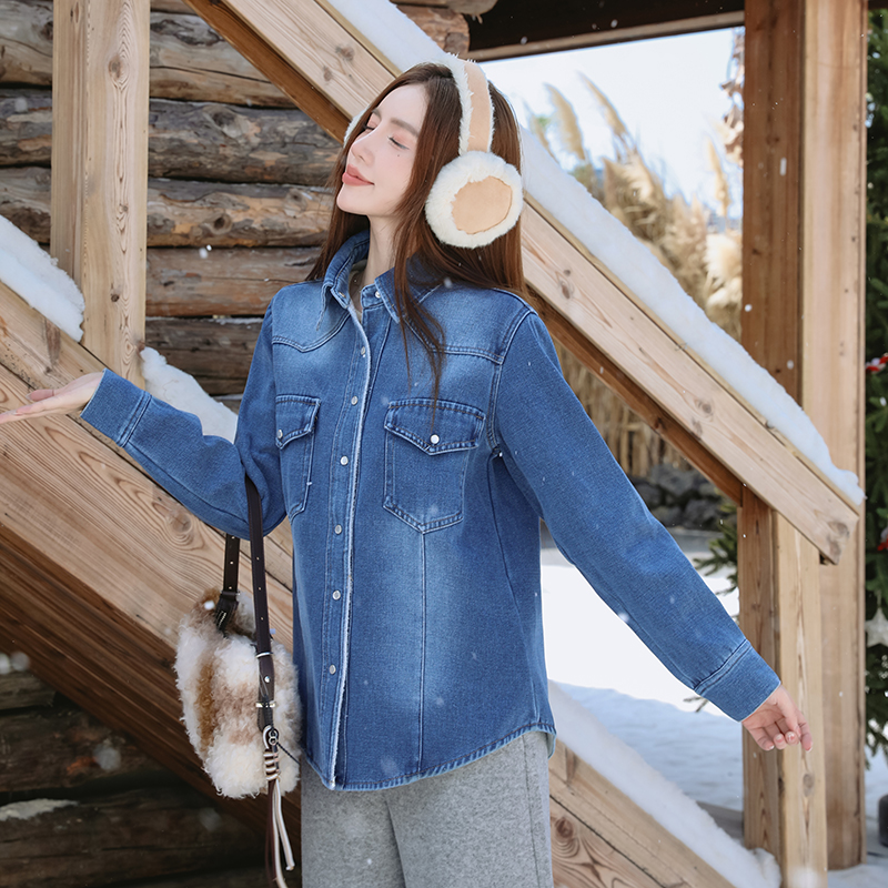 Soft all-match denim Korean style plus velvet fashion coat