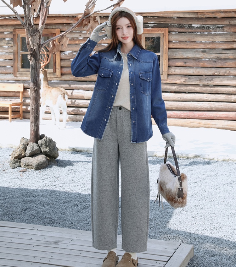 Soft all-match denim Korean style plus velvet fashion coat