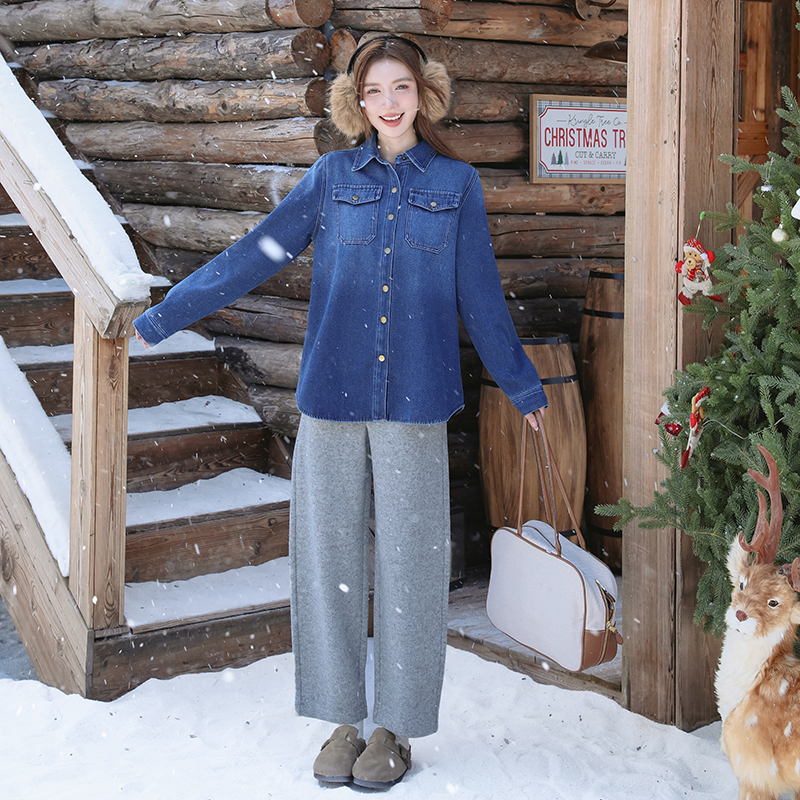 Soft denim plus velvet coat fashion thick tops