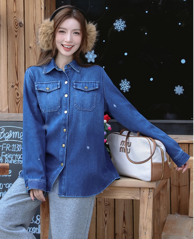 Soft denim plus velvet coat fashion thick tops