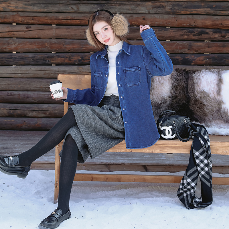 Casual Korean style tender plus velvet denim coat