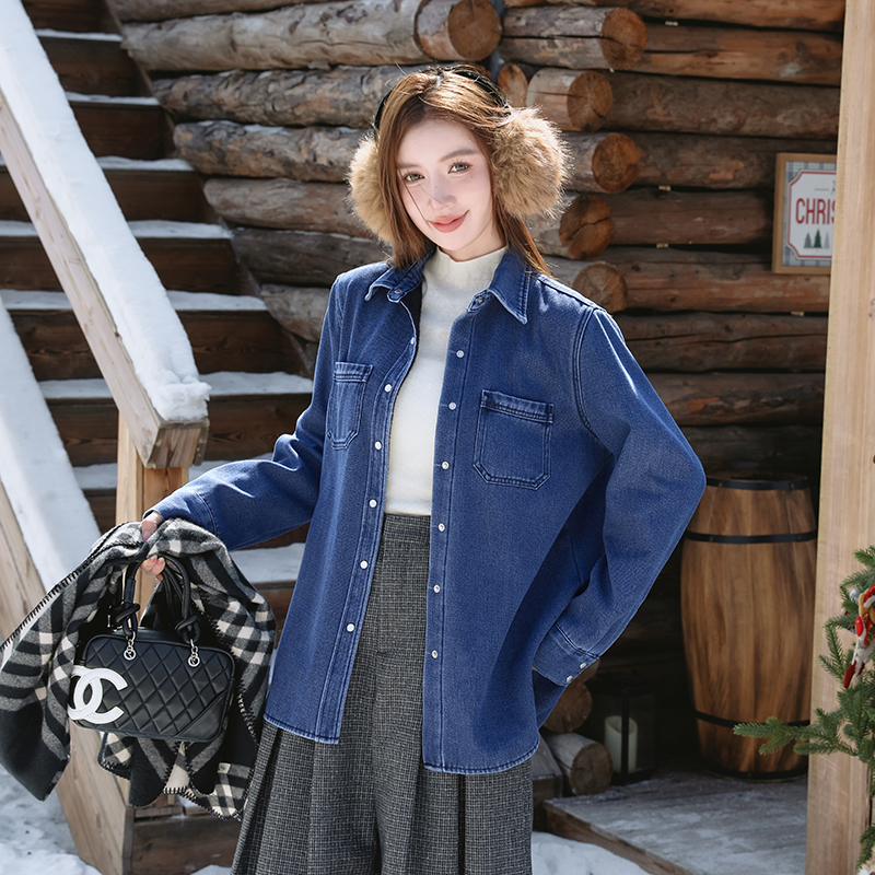 Casual Korean style tender plus velvet denim coat