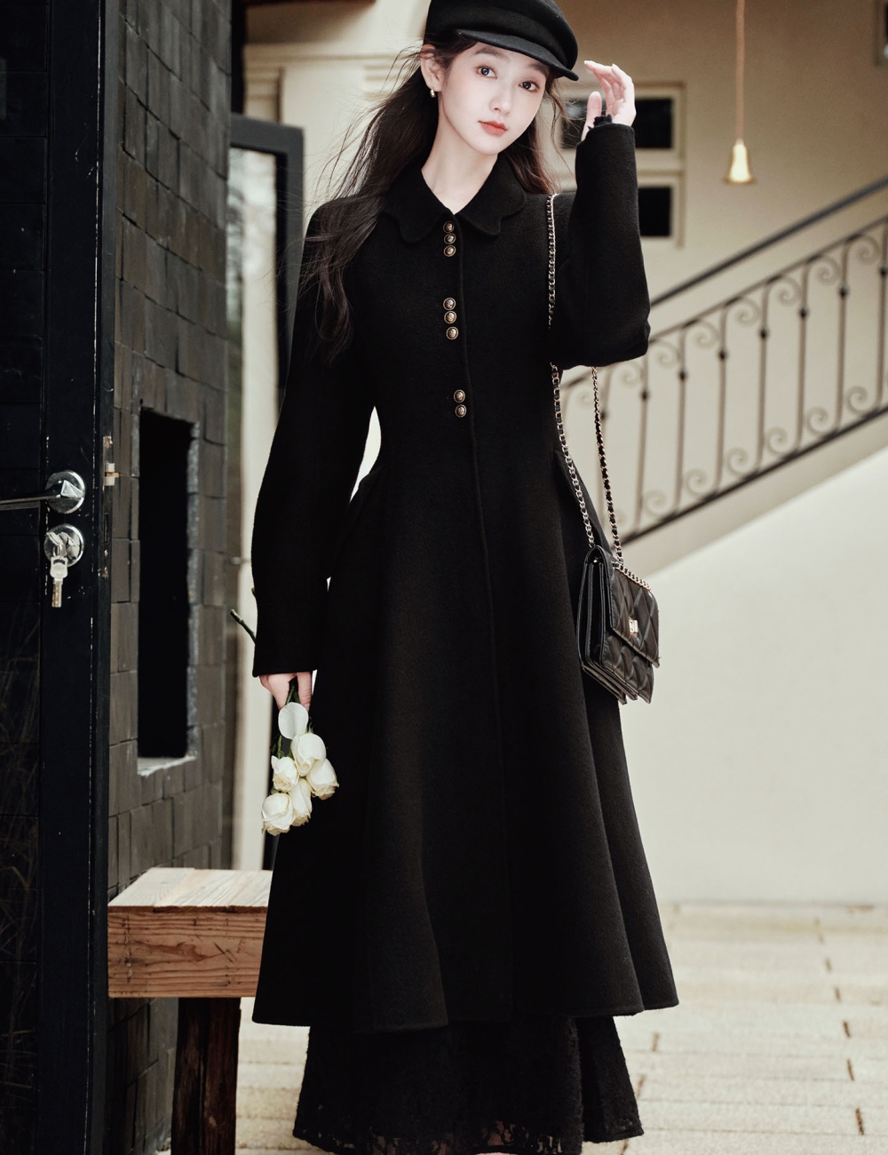 Autumn lapel woolen coat pinched waist temperament coat