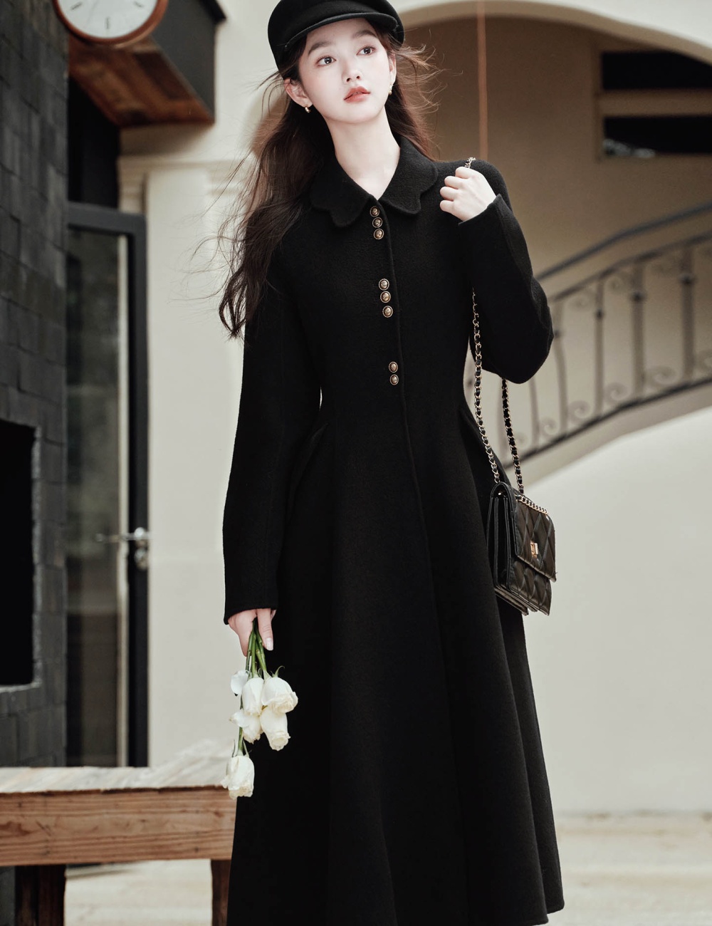 Autumn lapel woolen coat pinched waist temperament coat
