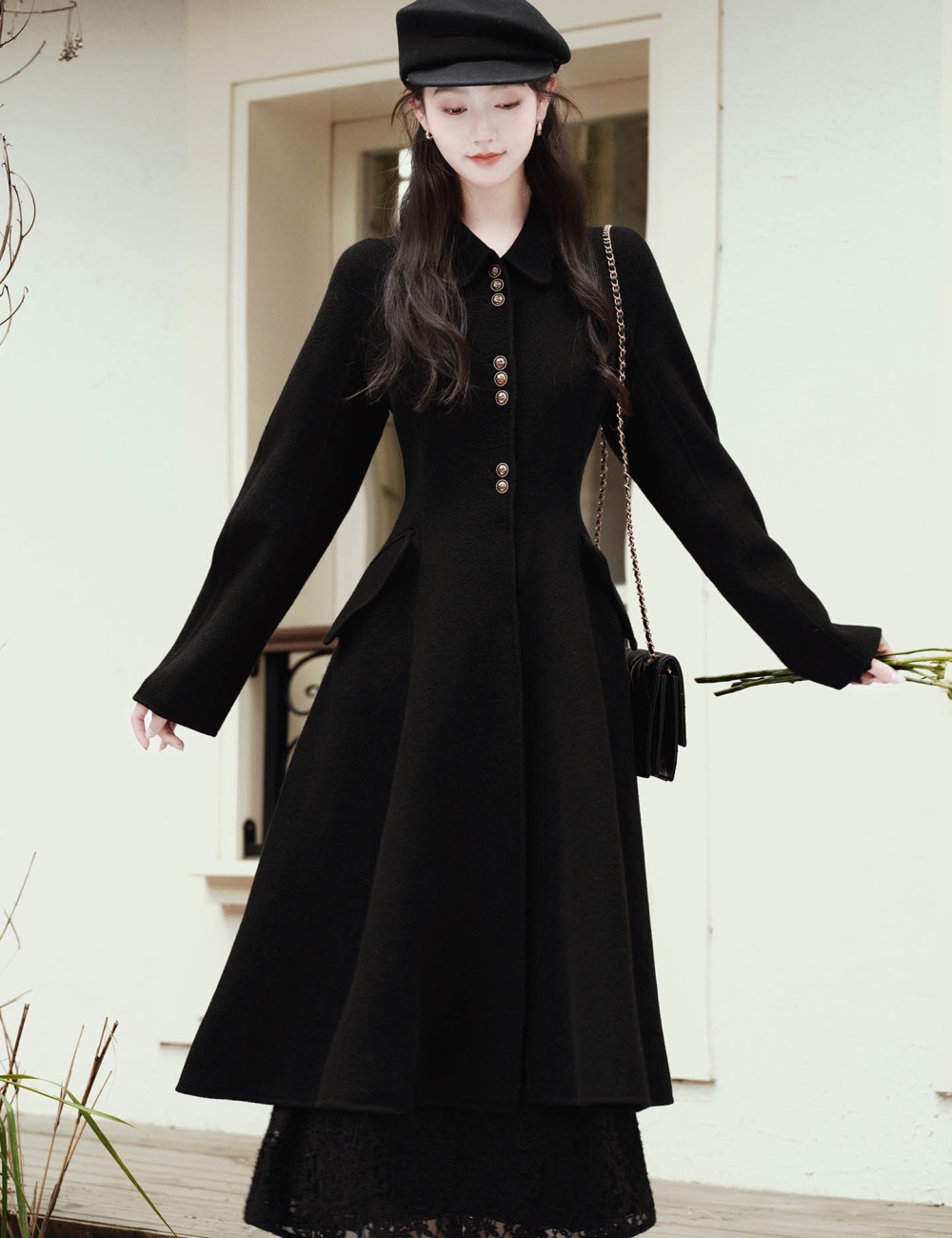 Autumn lapel woolen coat pinched waist temperament coat