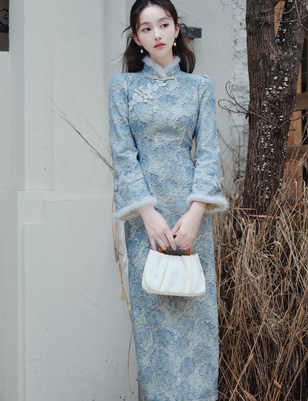 Long sleeve autumn dress pinched waist cheongsam
