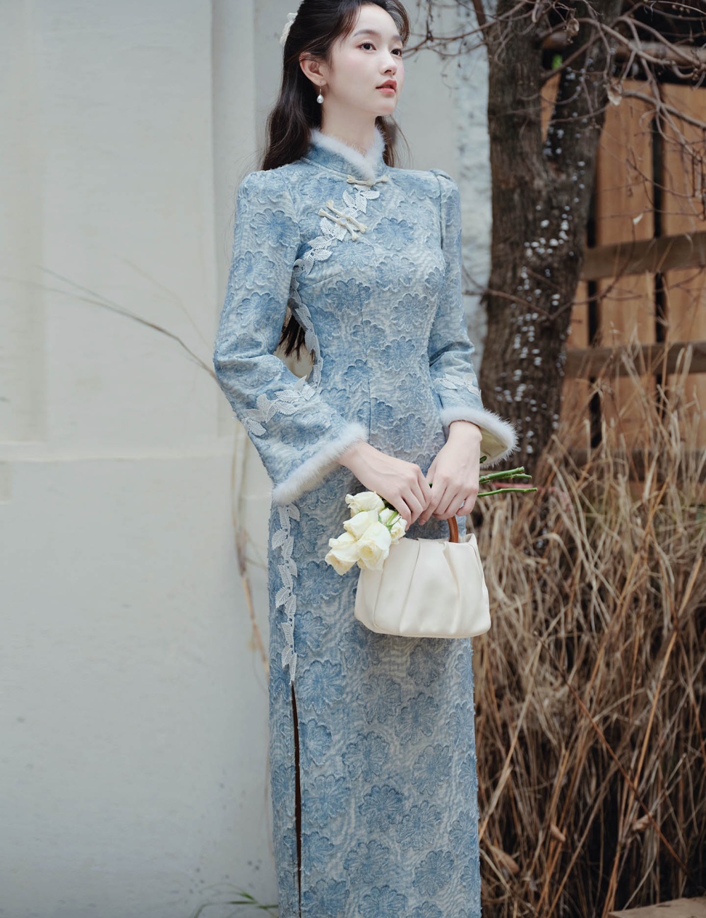 Long sleeve autumn dress pinched waist cheongsam