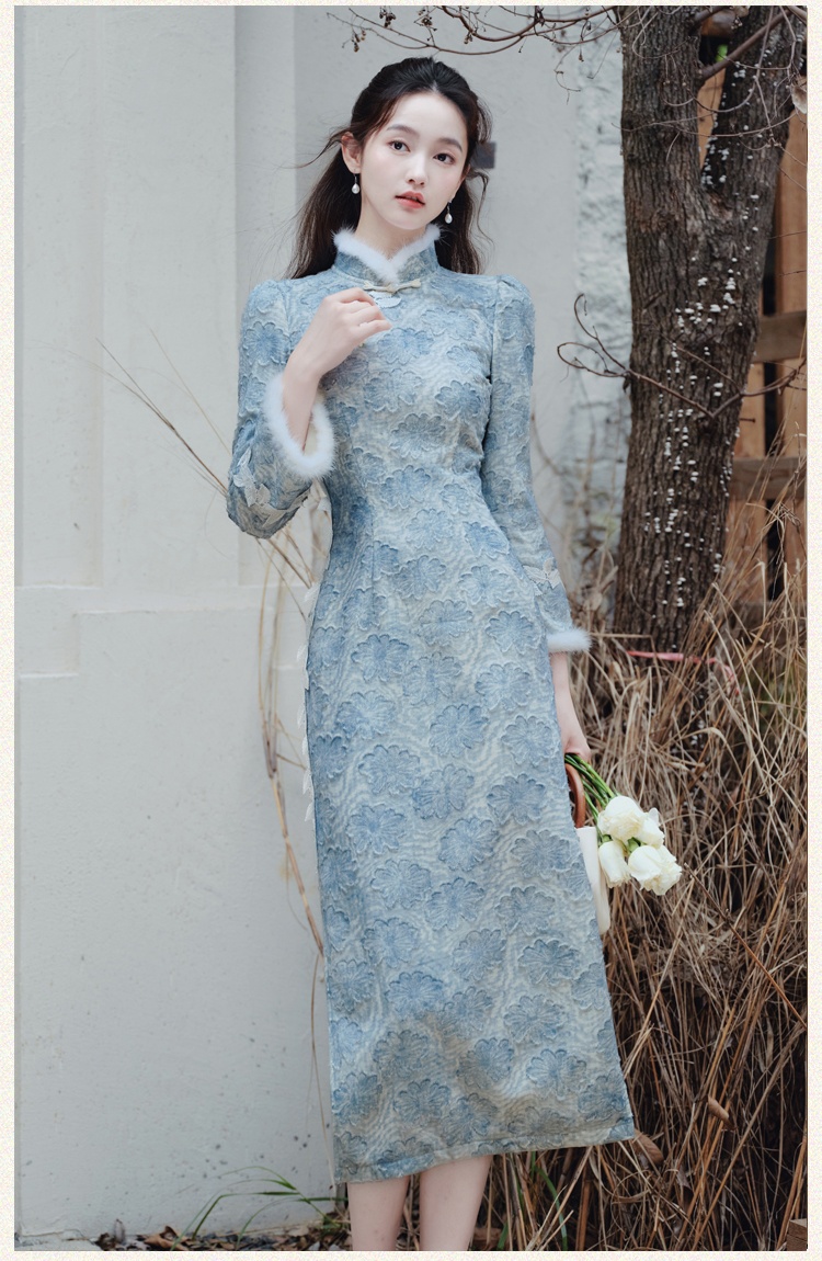 Long sleeve autumn dress pinched waist cheongsam