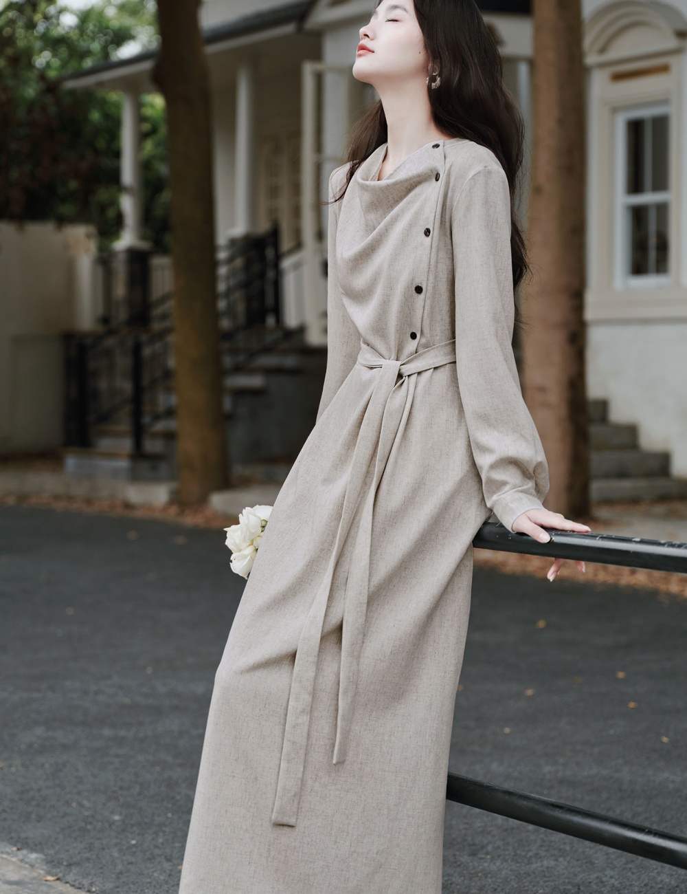 Autumn pinched waist long sleeve dress for women