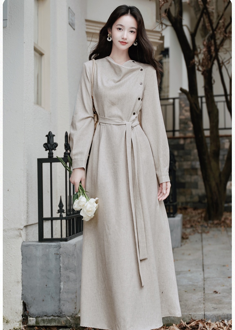 Autumn pinched waist long sleeve dress for women