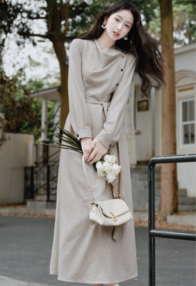 Autumn pinched waist long sleeve dress for women