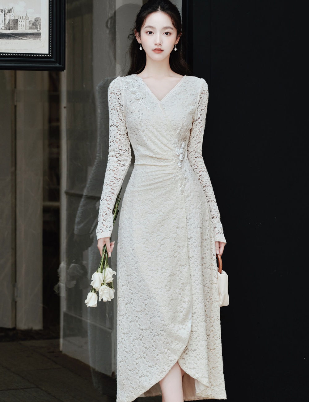 Thick pinched waist fold lace temperament dress for women